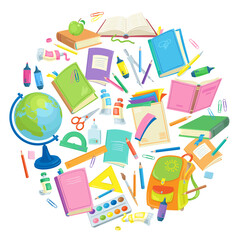 Set of school and office supplies arranged in a circle. Items for children's education. In cartoon style. Isolated on white background. Vector flat illustration