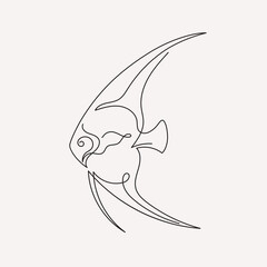 Fototapeta premium Continuous one line drawing of angelfish fish. Linear image of a sea animal. Black and white vector illustration on a light isolated background.