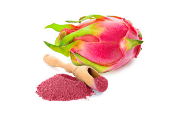 Heap of powdered pink matcha tea and fresh dragon fruit on white background