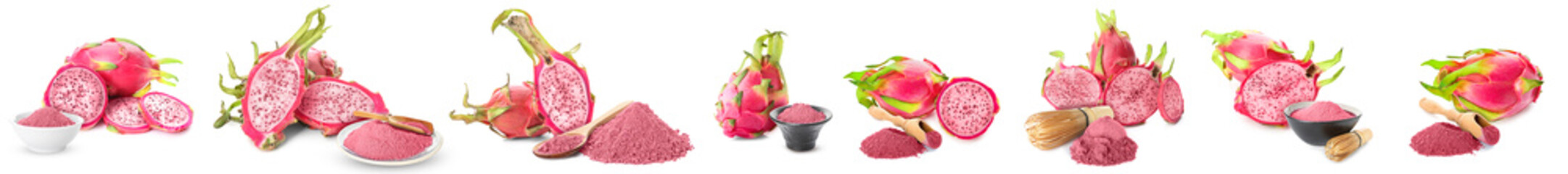 Collage of powdered pink matcha tea and fresh dragon fruit on white background