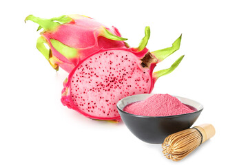 Bowl of powdered pink matcha tea and fresh dragon fruit on white background
