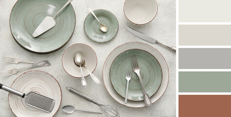 Stylish dinnerware on light background. Different color patterns