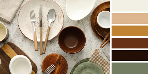 Clean tableware on light background. Different color patterns