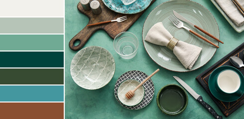 Many tableware on green background. Different color patterns