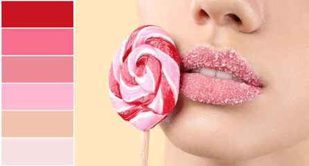 Beautiful young woman with creative makeup and lollipop on light background, closeup. Different...
