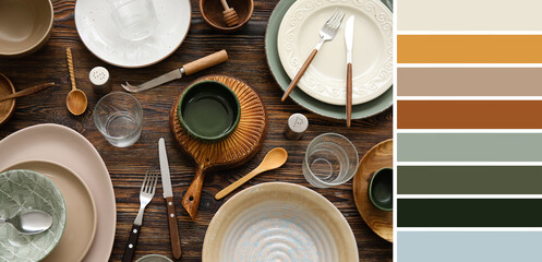 Many tableware on wooden background. Different color patterns