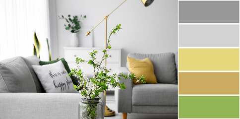 Vase with blooming tree branches in living room. Different color patterns