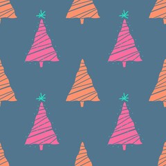 Christmas endless pattern. Red Christmas trees on a blue background.