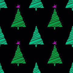 Christmas endless pattern. Green Christmas trees on a black background.