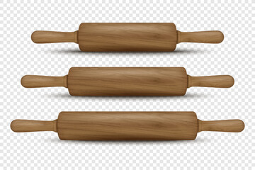 Vector 3d Realistic Textured Dark Brown Wooden Rolling Pin Icon Set Isolated. Kitchen Dough Roller, Design Template of Dough Rolling Pin for Bakery. Different Size. Front, Side View