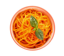 Bowl of korean carrot salad on white background