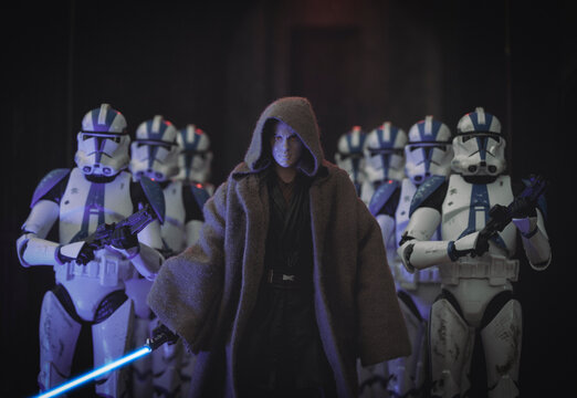 NEW YORK USA, JULY 3 2022: scene from Star Wars with Anakin Skywalker turned to the Darkside with 501st clone troopers  - Hasbro action figure