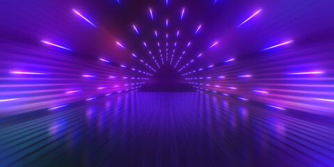 Naklejka premium 3d render, abstract colorful neon background, triangular tunnel illuminated with ultraviolet light