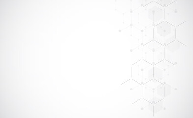 Hexagons pattern on gray background. Genetic research, molecular structure. Chemical engineering. Concept of innovation technology. Used for design healthcare, science and medicine background