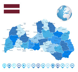 Latvia Blue Map and Map icons. Spotted blue colors