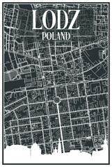 Dark printout city poster with panoramic skyline and hand-drawn streets network on dark gray background of the downtown LODZ, POLAND - obrazy, fototapety, plakaty