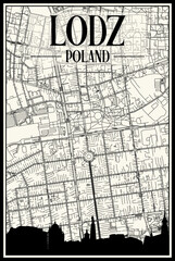 Light printout city poster with panoramic skyline and hand-drawn streets network on vintage beige background of the downtown LODZ, POLAND
