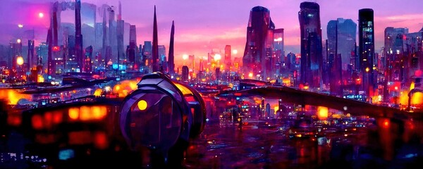 Futuristic smart megacity architecture digital IOT connected city buildings and network infrastructure technology, conceptual illustration - obrazy, fototapety, plakaty