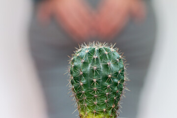 A cactus opposite the woman in the pants holding his by the ass, close up. Medical concept of...