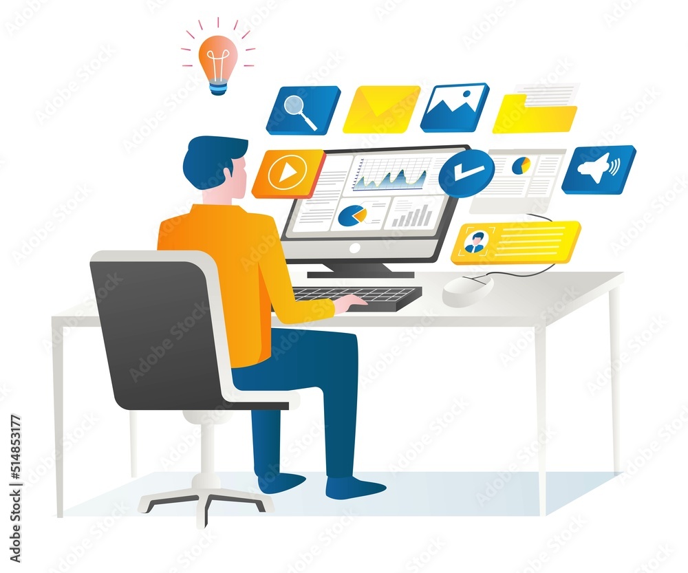 Poster men think hard to work on the computer