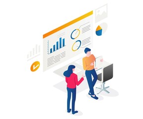 Having a casual discussion beside the business monitor