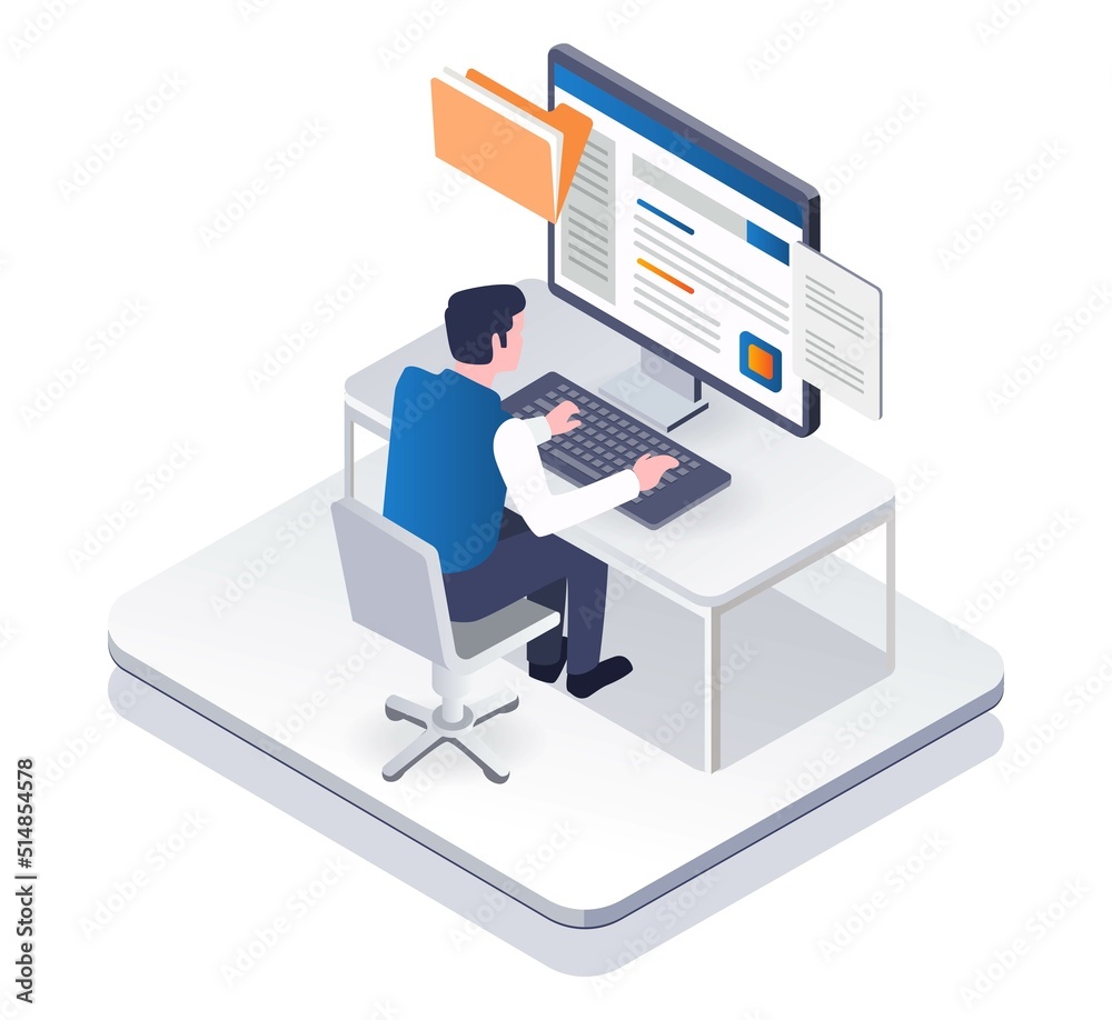 Poster Man working in front of computer