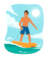 Man Playing Electric Surfboard in the Sea on Summer Season.