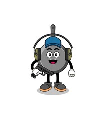 Character mascot of frying pan doing shooting range