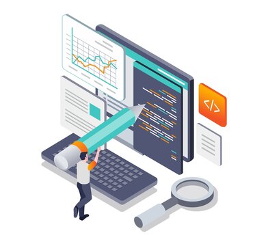 Creative male isometric illustration concept writing programming language on monitor