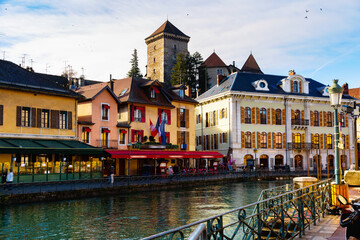 Scenic cityscape of old town of Annecy, southeastern France.Medieval city of Annecy with Thiou...