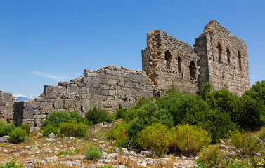 Fototapeta na wymiar Picturesque view of ruins of Byzantine-era Sillyon fortress and city, southern Turkiye