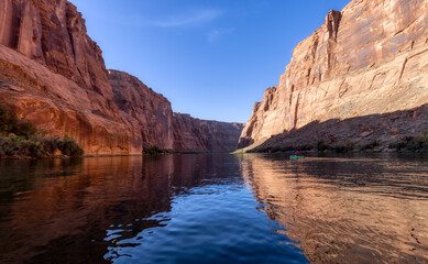 Colorado River in Glen Canyon, Arizona, United States of America. American Mountain Nature Landscape Background. Sunny Sunrise. Panorama