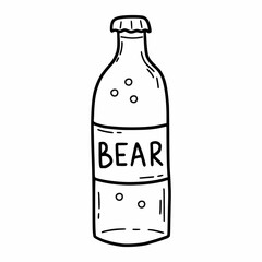 Glass Bottle with beer. Vector doodle illustration. Refreshing drink. Sketch.