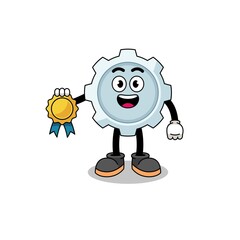 gear cartoon illustration with satisfaction guaranteed medal