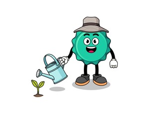 Illustration of bottle cap cartoon watering the plant