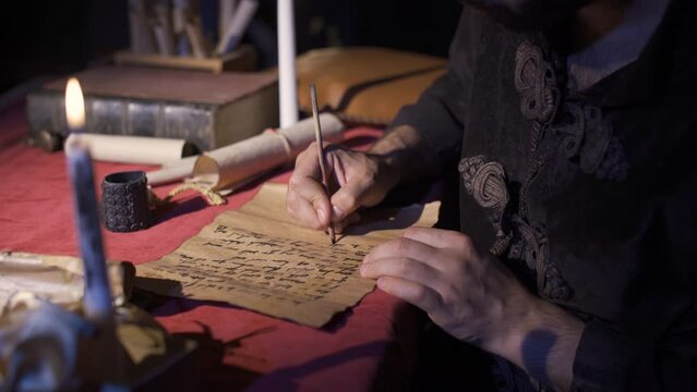 Writing letters with pen and paper in ancient times. Historical scenes.
Person writing letters on historical papyrus paper using ink and pen. Historical vehicles.
