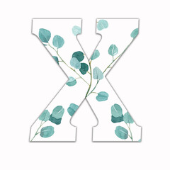 Capital letter X decorated with green leaves. Letter of the English alphabet with floral decoration. Green foliage.