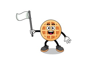 Cartoon Illustration of circle waffle holding a white flag