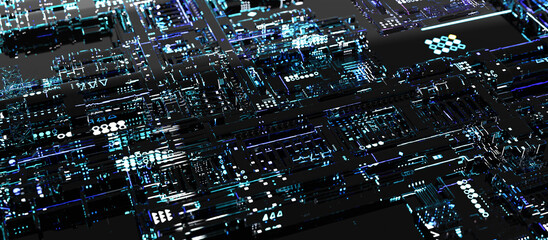 Nano electronics processing. Futuristic abstract hi-tech electronics equipment background, IC circuit pattern surface. Black surface with sci-fi style blue illuminated circuits. 3D rendering. - obrazy, fototapety, plakaty