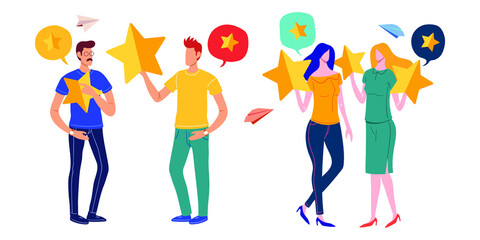 Customer reviews rating, Different people give a review rating and feedback, Support for business satisfaction. Vector illustration.