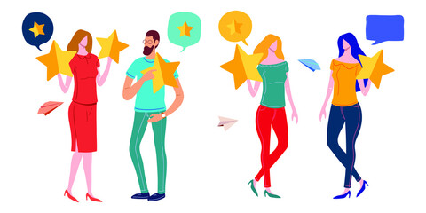 Customer reviews rating, Different people give a review rating and feedback, Support for business satisfaction. Vector illustration.
