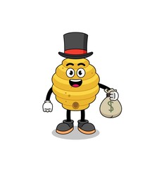 bee hive mascot illustration rich man holding a money sack