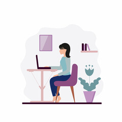 A woman works at home at a computer. The concept of freelancing, office work, isolation during the coronavirus quarantine. Vector illustration of a flat style.
