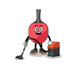 Character mascot of table tennis racket holding vacuum cleaner