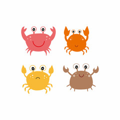 Four fun colored crabs on a white background. Children's cartoon vector illustration. Marine clipart. A design element for a children's book, print for fabric, textiles, clothing, bags, or books.