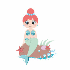 A mermaid with a beautiful hairstyle and jewelry is sitting on a stone on the beach. Sea stars, shells and the ocean. Children's illustration for girls. Design of posters, postcards, books