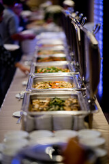 buffet food, catering food party at restaurant, mini canapes, snacks and appetizers
