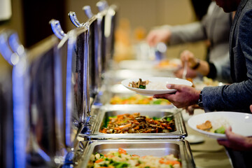 buffet food, catering food party at restaurant, mini canapes, snacks and appetizers
