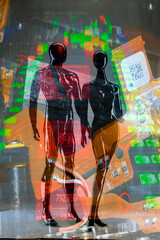 robot man and robot woman on a futuristic background in full growth