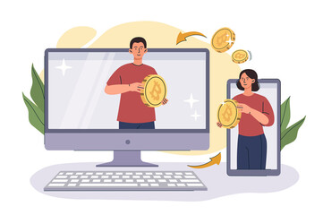 Fototapeta na wymiar People with bitcoin. Cryptocurrency and blockchain technology. Novice investors evaluate prospects of asset. Financial literacy and passive income. Online payment. Cartoon flat vector illustration